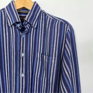 EUC Robert Talbott Men’s Linen Blue Striped Casual‎ Button Down Shirt Size Large
